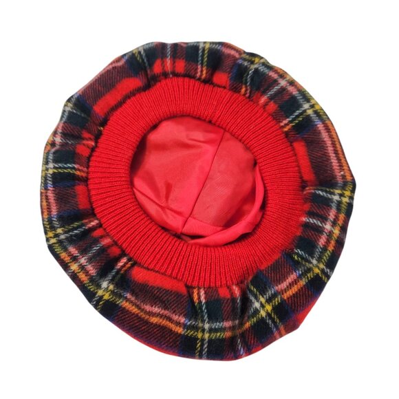 Vintage Plaid Wool Beret Hat Red Classic 70s 80s Preppy Twee Vtg Tartan Academia - Picture 2 of 4